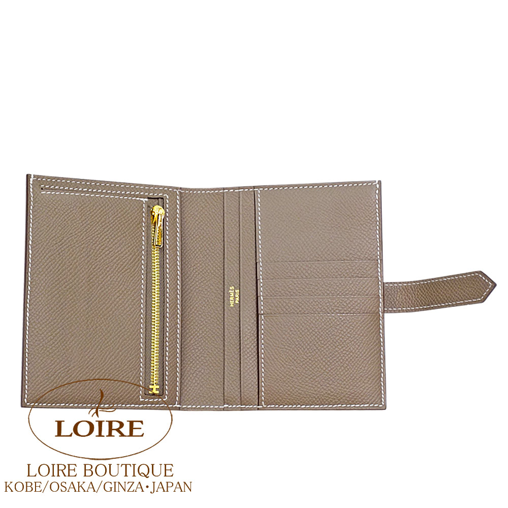 エルメス　ベアン　コンパクト　エトープ　エプソン　ゴールド金具 HERMES（エルメス） ベアンコンパクト エトゥープ ヴォーエプソン